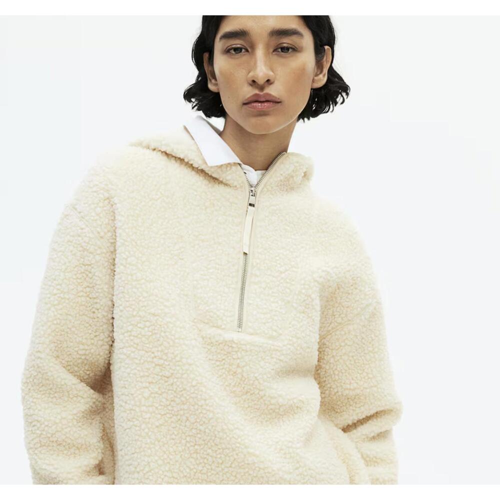H&M Oversized Cream Sherpa Hoodie with Half-Zip and Hood - Size - Medium
